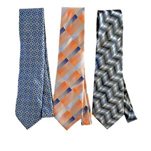 Lot of 3 Van Huesen Designer Silk Neck Ties Orange Blue‎ Grey